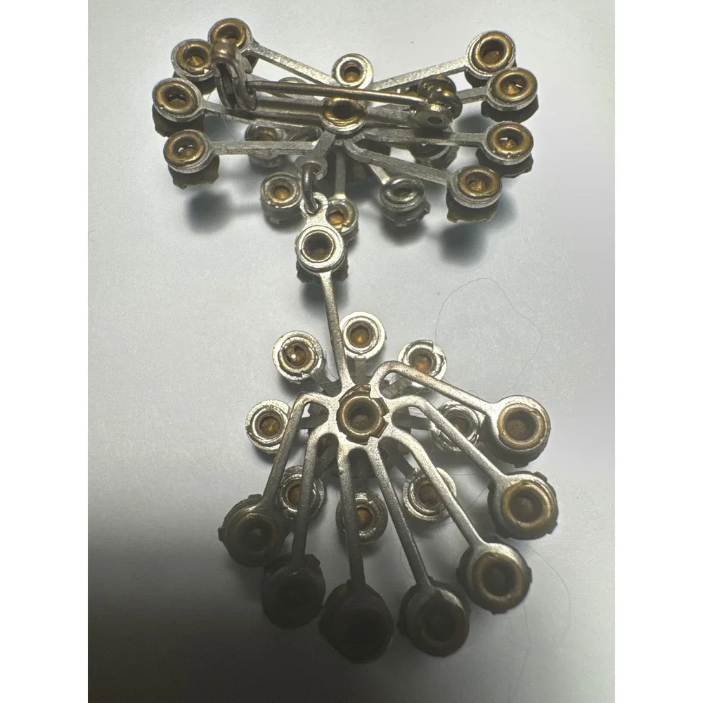 Vintage Teal Grey Rhinestone Articulated Drop Brooch Silver Tone Sunburst 2 Inch